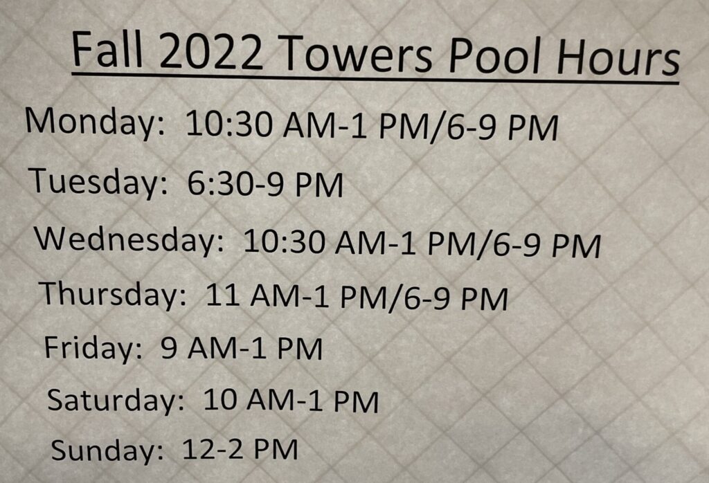 Swim Pool hours at Towers Pool in fall 2022